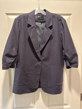 Mina Self Linen Deep Navy Short-Sleeve Single-Button Blazer